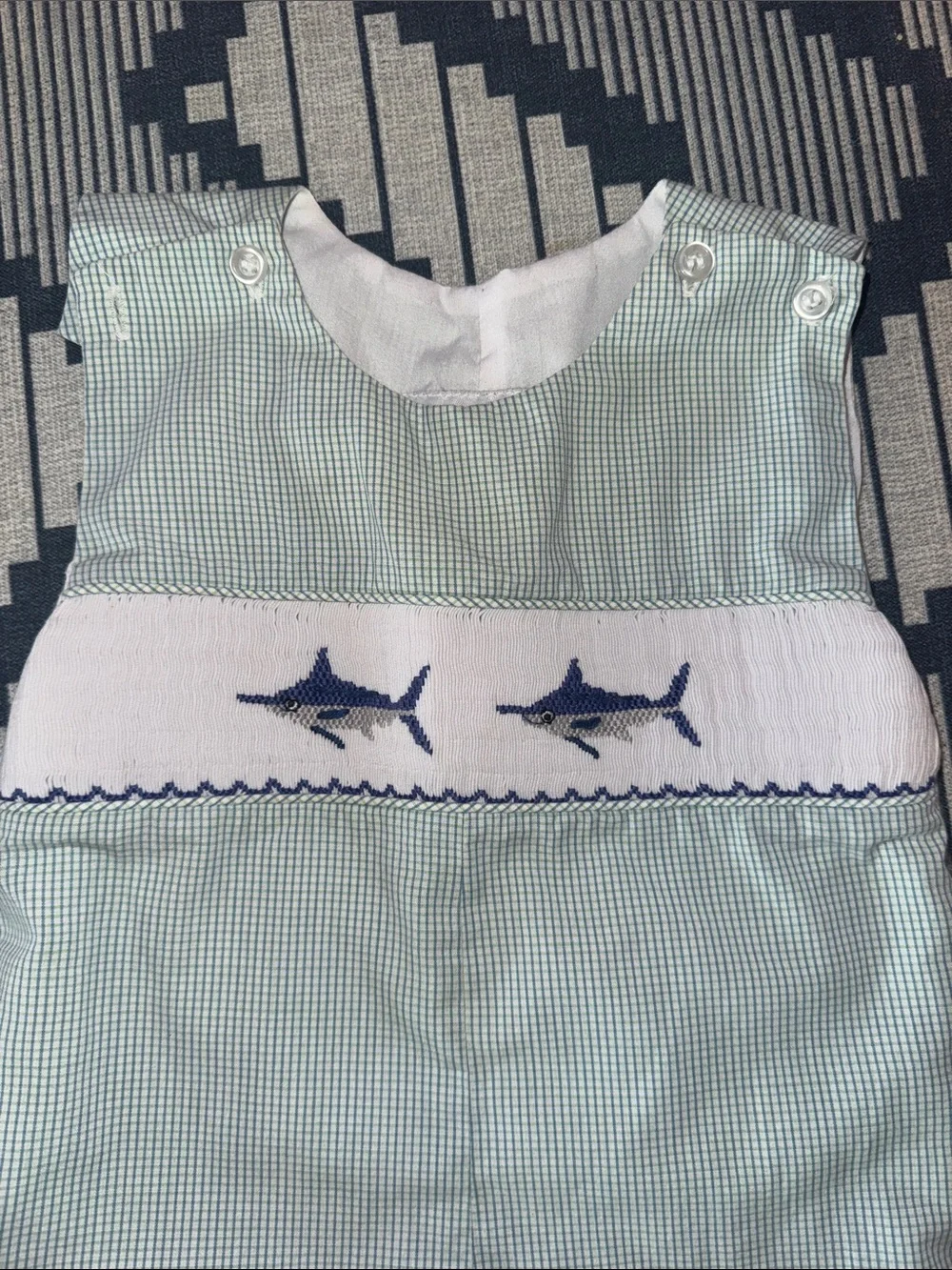 Green Check Boys' One-Piece Smocked Shortall with Navy Swordfish Embroidery